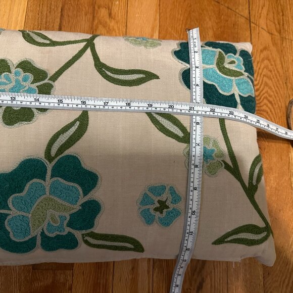 NEW Pier One Lumbar Embroidered floral blue and Green Pillow w/ tan background - Picture 9 of 11